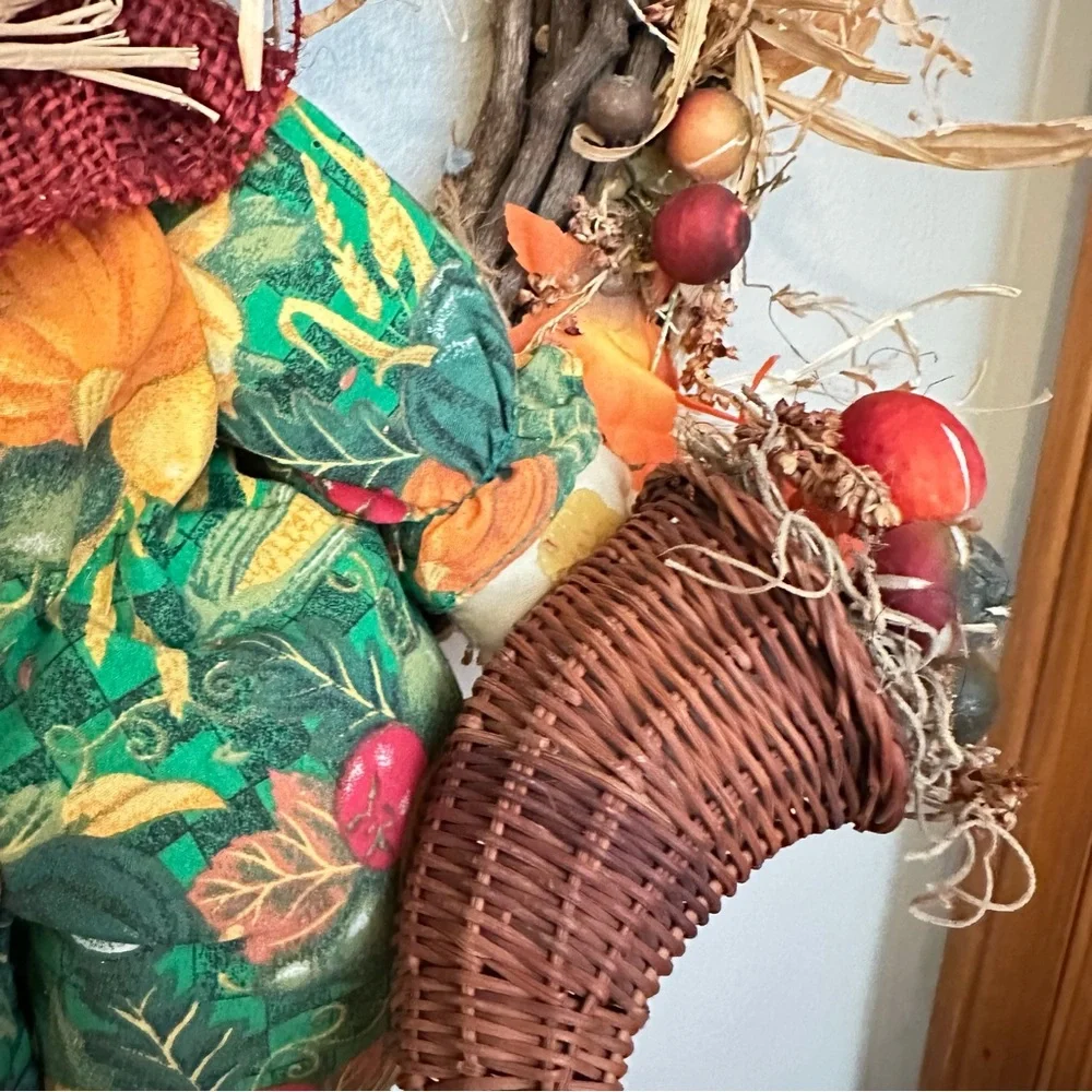 Vintage 1990s Autumn Harvest Wreath with Scarecrow & Fall Vegetables